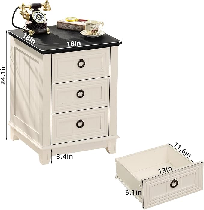 18" Farmhouse Night Stands Set of 2 with Charging Station, 2 & 3 Drawers End Table Dresser for Bedroom, White Wooden Nightstand, Bed Side Table with Open Shelf, Bedside Cabinet for Living Room-CasaMuseHome