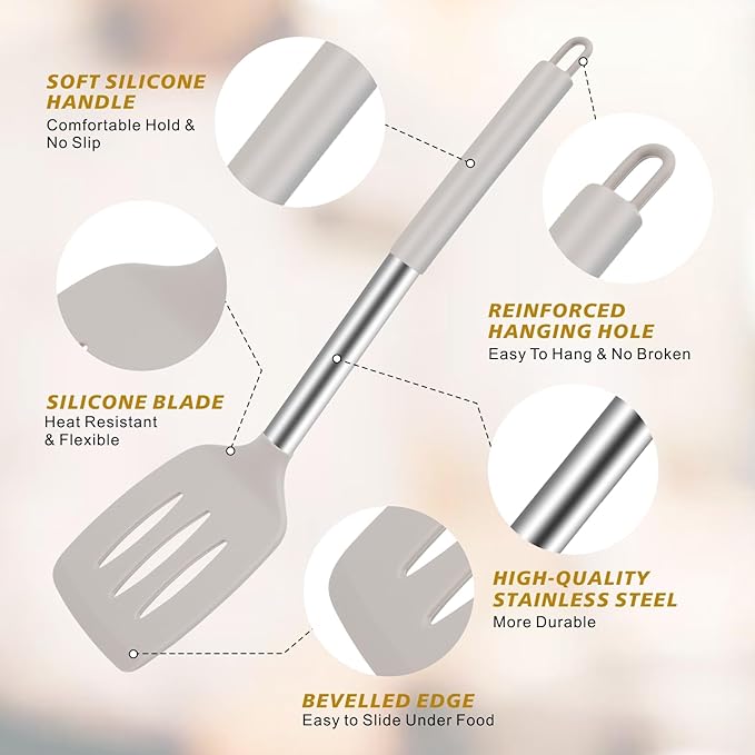 5-Piece Silicone Kitchen Tool Set, BPA-Free, Heat-Resistant, Non-Stick & Dishwasher-Safe, with Slotted/Solid Spoons & Spatulas for Frying, Mixing, Draining – Includes Multi-Purpose Serving Hook(Khaki)-CasaMuseHome
