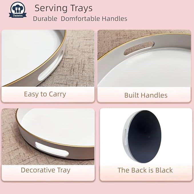 13" Round Decorative Tray, White Serving Tray with Handles, Plastic Coffee Table Tray for Ottoman, Living Room, Bathroom, Décor.-CasaMuseHome