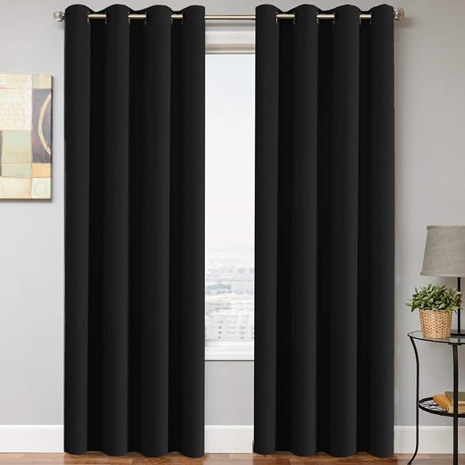 H.VERSAILTEX Thermal Insulated Grommet Blackout Curtains for Bedroom (2 Panels, 52 x 96 -Inch,Solid Black)-CasaMuseHome