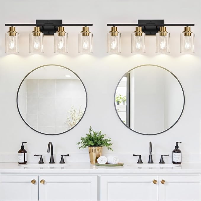 4-Light Bathroom Light Fixtures, Black and Gold Modern Vanity Lights with Clear Glass Shades, Bathroom Wall Lamp for Mirror Living Room Cabinet Bedroom Porch-CasaMuseHome