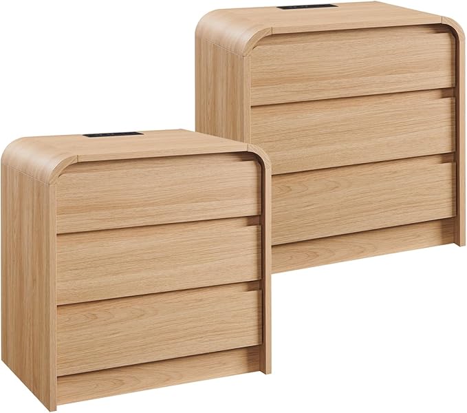 25" Tall Modern Nightstand Set of 2, 23.6" Wide Wood Bedside Table with Charging Station, 3 Storage Drawers Side Table w/Curved Profile Design,End Table for Bedroom, Natural Oak-CasaMuseHome