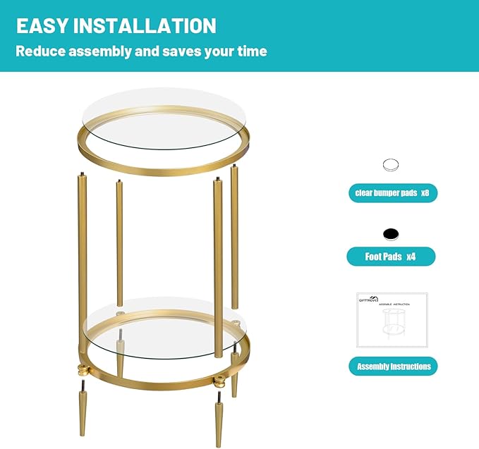 2 Tier Round Side Table, Gold End Table with Glass Top, Modern Metal Clear Coffee Tables, Small Accent Tables for Living Room, Bedroom, 18" x 18"-CasaMuseHome