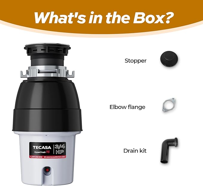 3/4 HP Corded Garbage Disposal for Kitchen Sinks, TECASA Continuous Feed Food Waste Disposer, Sound Reduction, Power Cord Included, Grey and Black - HyperCrush 75-CasaMuseHome