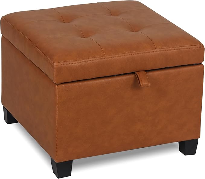 Adeco 17.5" Faux Leather Storage Ottoman with Hinged Lid, 14 Inch High Square Cube Foot Stool with Storage, Upholstered Vanity Stool with Solid Wood Legs for Living Room, Bedroom, Dorm (Warm Orange)-CasaMuseHome