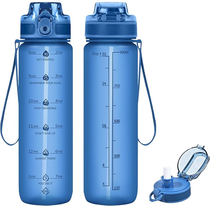 32oz Motivational Water Bottles with Time Marker & Fruit Strainer, Transparent Gradient Color Water Bottle with Times to Drink, Leakproof & BPA Free, Reusable Bottle with Strap (No Straw)-CasaMuseHome