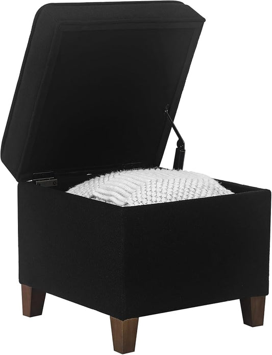 Adeco 17.5" Square Fabric Ottoman with Storage - Upholstered Cotton Linen Foot Rest - Flip Top Footstool with Sturdy Wood Legs, Small Cube Coffee Table Extra Seat for Living Room, Bedroom, Black-CasaMuseHome