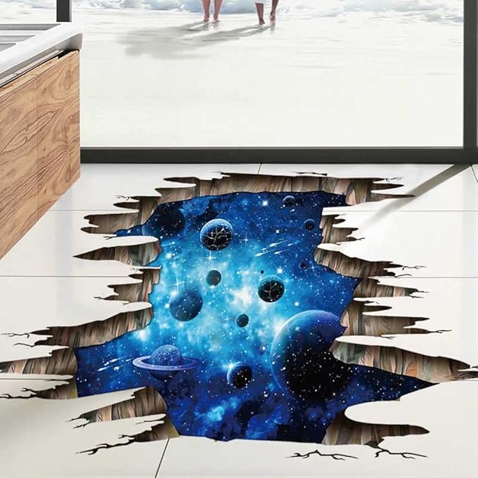 3D Space Floor Sticker,Blue Galaxy Wall Decal-Removable Mural for Kids Bedroom Living Room Milky Way Decorations-CasaMuseHome