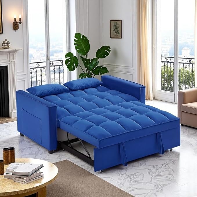 3 in 1 Sleeper Sofa Beds, Futon Sofa Bed for Living Room with Side Pocket, Sleepers Couch with Pullout Bed, Convertible Love Seat Sleepers Couch for Living Room, Bedroom, Small Space, Blue-CasaMuseHome