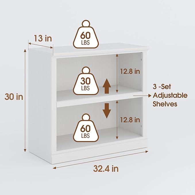 30" Bookcase, White Floor Standing Bookshelf, 2-Tier Display Shelves Open Storage Organizer, Book Case for Living Room Hallway Kitchen Home Office Bedroom, White 2 Tiers-CasaMuseHome