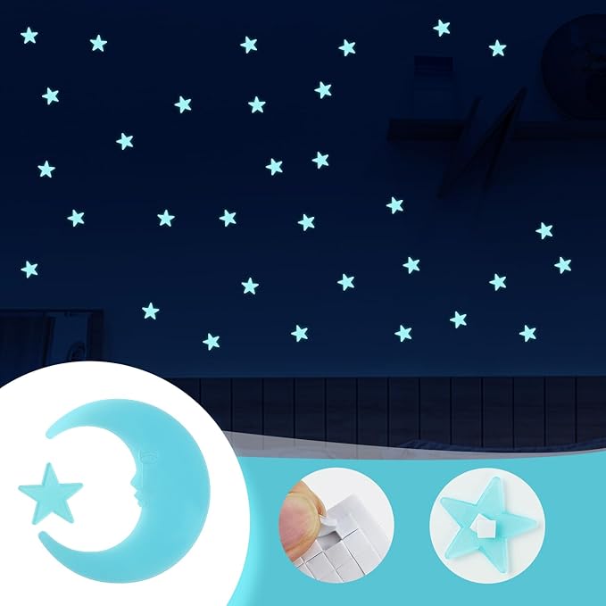 100 Stars and 1 Moon Glow in The Dark Luminous Fluorescent 3D Plastic Glow Stars Moon for Ceiling, Glowing Wall Stickers Create a Realistic Starry Sky, Room Decorations (Blue)-CasaMuseHome