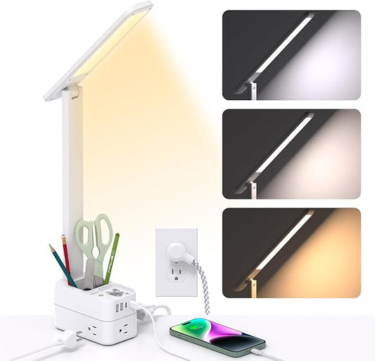 Addtam LED Desk Lamp with Pen Holder, Study Lamps with 3 Outlets 4 USB Charging Ports(2 USBC), 3 Color Modes Desk Light Touch Lamp, Small Desk Lamps for Home Office College Dorm Room Essentials-CasaMuseHome