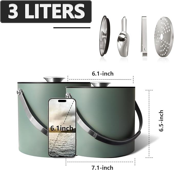 3L Ice Bucket with Silicone Lid, Scoop, Tongs & Strainer, Stainless Steel Double Wall Insulated Ice Buckets for Parties & Cocktail Bar, Outdoor Champagne Ice Container Bin, Dusty Green-CasaMuseHome