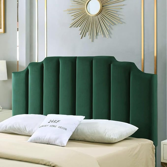 24KF Jade Velvet Tufted Queen Upholstered Headboard, Modern Vertical Channel Design California Queen/Full Headboard with Stepped Silhouette Top Edge,Jade-CasaMuseHome