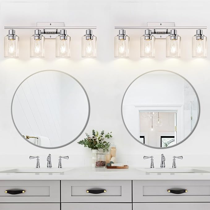 4 Light Bathroom Light Fixtures, Chrome Vanity Lights with Clear Glass Shades, Modern Bathroom Light Fixtures Over Mirror, Modern Bathroom Wall Lamp for Mirror Living Room Cabinet-CasaMuseHome