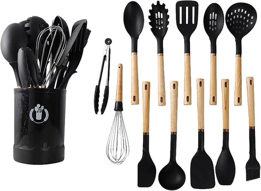 13-Piece silicone utensil set wood handle nonstick cookware safe dishwasher safe kitchen tools BPA free heat resistant (450°F/230°C) ceramic pan safe cooking gifts housewarming (Black)-CasaMuseHome