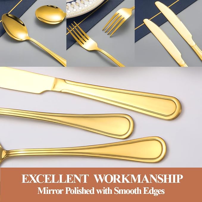 40 Pcs Gold Silverware Set for 8 with Simple Striped Handle Design, Food Grade Stainless Steel Flatware Set, Eating Utensils Sets Include Fork/Knife/Spoon, Cutlery Set, Dishwasher Safe-CasaMuseHome