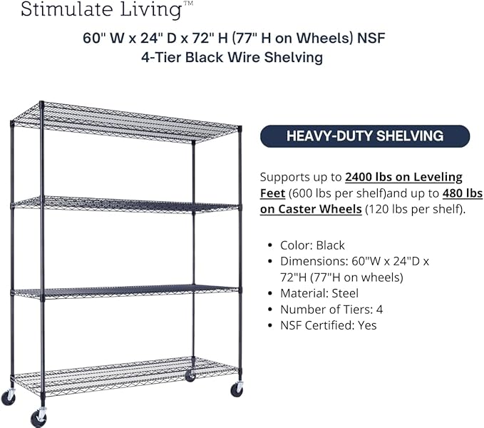 60"x24"x72" PRIME HEAVY DUTY Black 4-Tier Wire Shelving NSF 2400 LBS MAX Capacity Storage Rack for Commercial, School, Home, Garage, Warehouse, Industrial, and Hospital Uses (with Wheels)-CasaMuseHome
