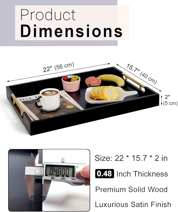 22 Inch Rectangle Black Ottoman Tray with Gold Metal Handles, Extra Large Wooden Serving Tray for Living Room, Coffee Table, Kitchen & Hosting-CasaMuseHome