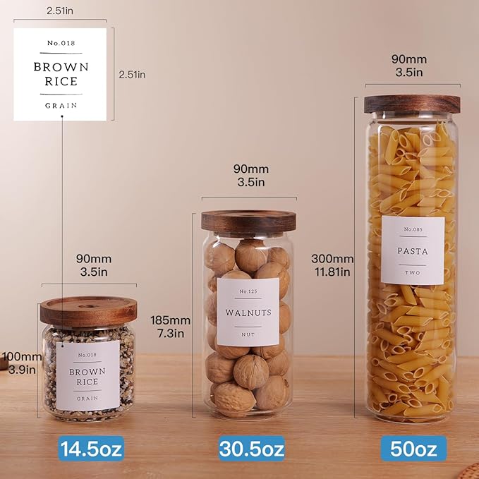5 Set Glass Pantry Storage Jars with Acacia Airtight Lid - Thicken Glass Kitchen Canisters with 132 Pantry Labels - Clear Glass Food Storage Containers with Wood Lid for Tea,Sugar,Candy,Cookie,Pasta-CasaMuseHome