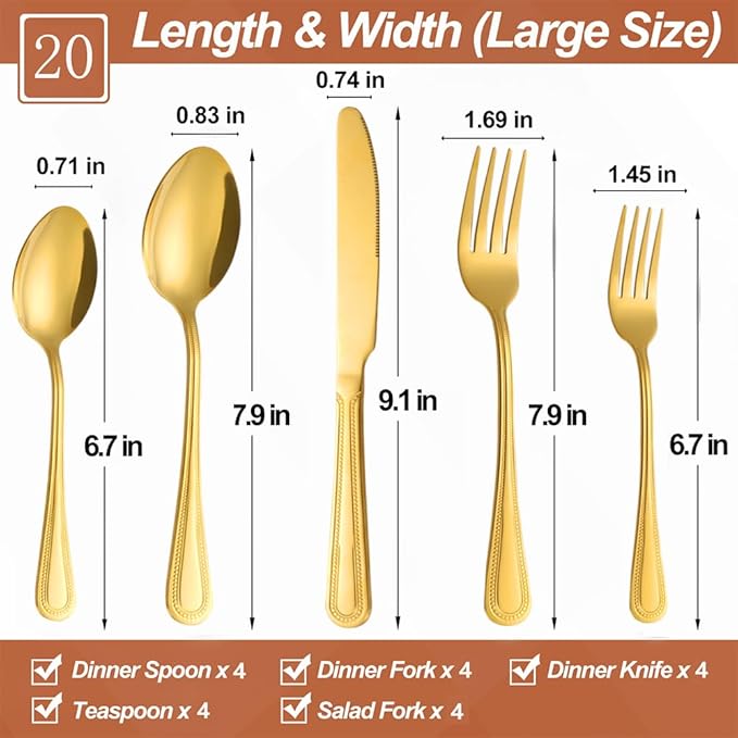 20 Pcs Gold Silverware Set for 4 with Pearled Edge Handle design, Food Grade Stainless Steel Flatware Set, Eating Utensils Sets Include Fork/Knife/Spoon, Reusable Cutlery Set, Dishwasher Safe-CasaMuseHome