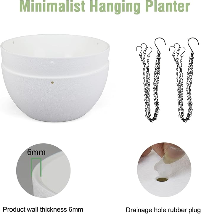 8 inch Small Hanging Planters for Indoor Outdoor Plants, 2 Pack Hanging Flower Pots with Drainage Holes and Chain for Garden Porch Plants, Plastic Hanging Baskets for House Plants, White-CasaMuseHome