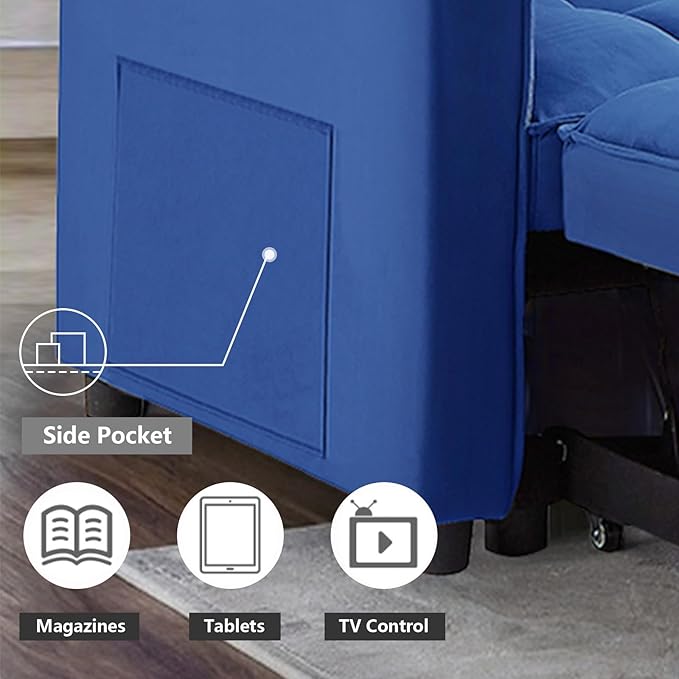 3 in 1 Convertible Sleeper Sofa Bed,Futon Loveseat Couch with Pull-Out Bed & Adjustable Backrest,Velvet Fabric Sofa with Side Pocket for Small Apartment, Living Room, Office (Blue)-CasaMuseHome