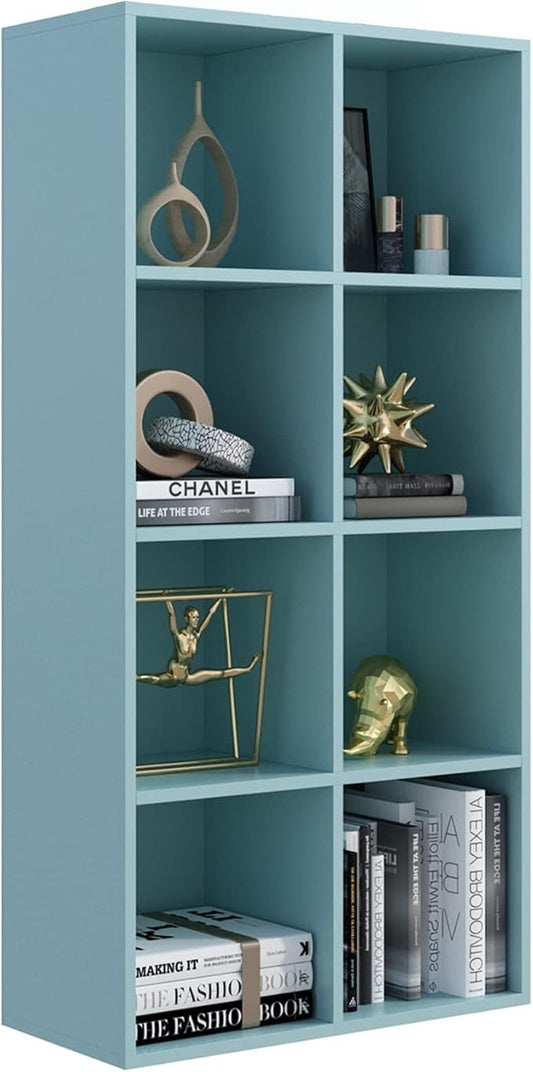 8-Cube Storage Shelf Bookcase - Wooden 4-Tier Floor Standing Open Bookshelf, Modern TV Stand up to 55 Inchs for Home and Office, Light Blue-CasaMuseHome