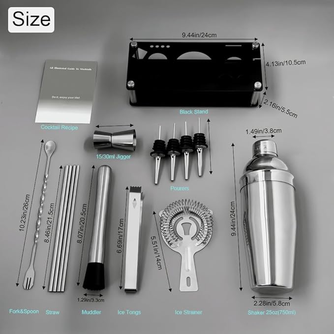 14-Piece Cocktail Shaker Set Bartender Kit with Black Stand, Bar Tool Set for Drink Mixing Bartending Kit Bar Sets Accessories: 750ml(25oz) Shaker, Jigger, Muddler, Cocktail Recipes (Silver)-CasaMuseHome
