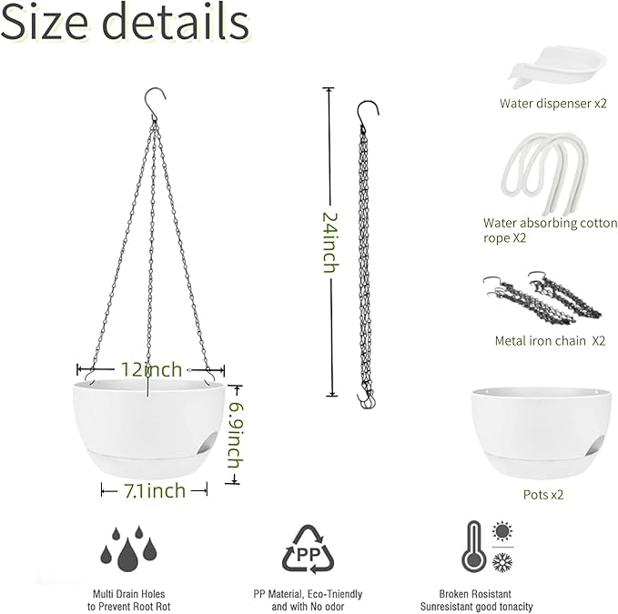 2 Pack Hanging Planters for Indoor Outdoor Plants, 8 Inch Self Watering Hanging Pot with Drainage Holes and Saucer, Plastic Plant Pots, White Flower Pots for Kitchen, Balcony, Garden-CasaMuseHome