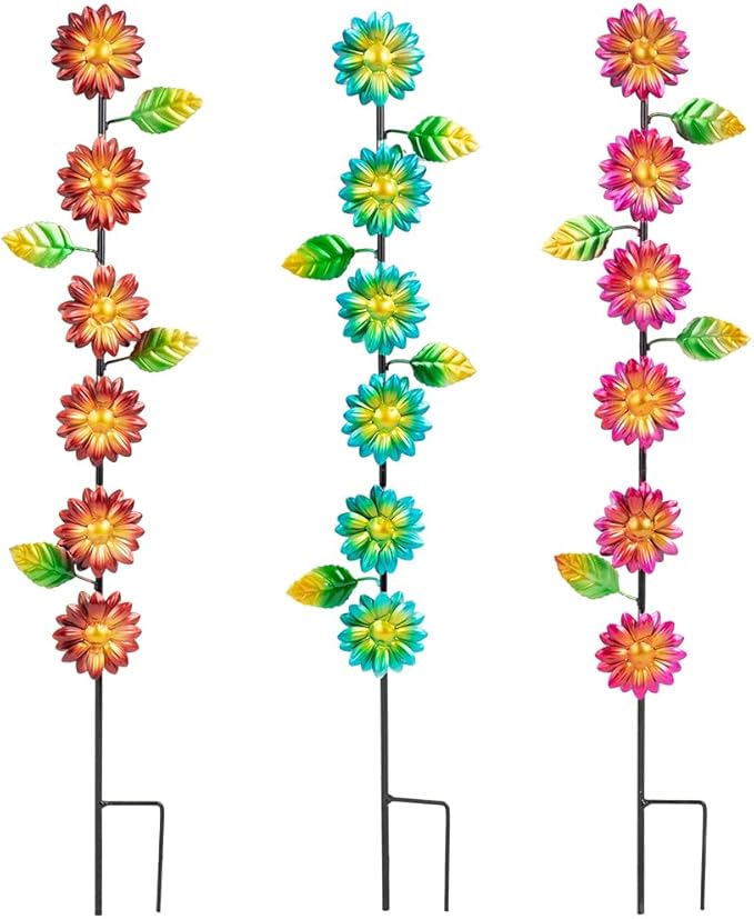 3Pack Flowers Decorative Garden Stakes,Spring Outdoor Metal Flowers Decorations,Metal Yard Art for Outside Patio Porch Decor（22.6 * 5.1IN）-CasaMuseHome