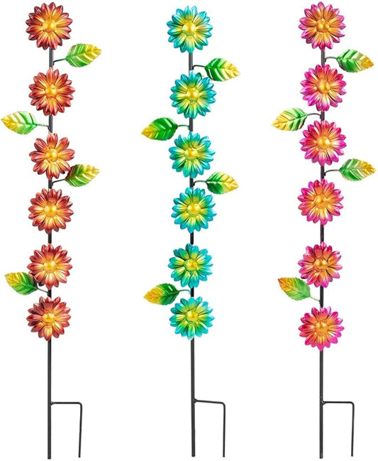 3Pack Flowers Decorative Garden Stakes,Spring Outdoor Metal Flowers Decorations,Metal Yard Art for Outside Patio Porch Decor（22.6 * 5.1IN）-CasaMuseHome