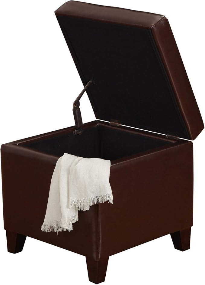 Adeco Bonded Leather Square Tufted Footstool, 18", Brown Storage Ottomans,-CasaMuseHome