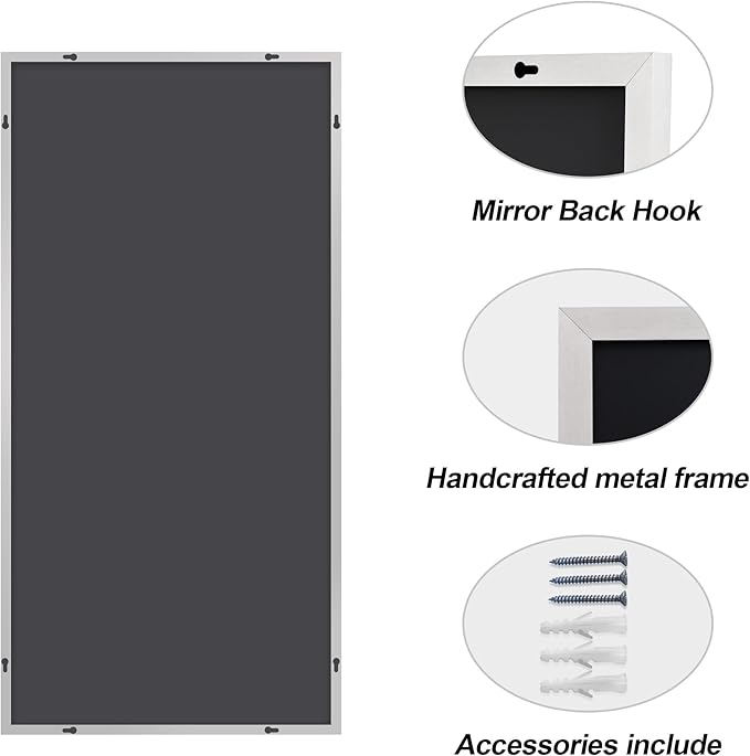 48x24In Silver Bathroom Mirror for Wall, Brushed Nickel Rectangle Mirrors with Metal Frame, Bathroom Rectangular Mirror Modern Wall Mirror for Bedroom Living Room, Hangs Horizontal or Vertical-CasaMuseHome