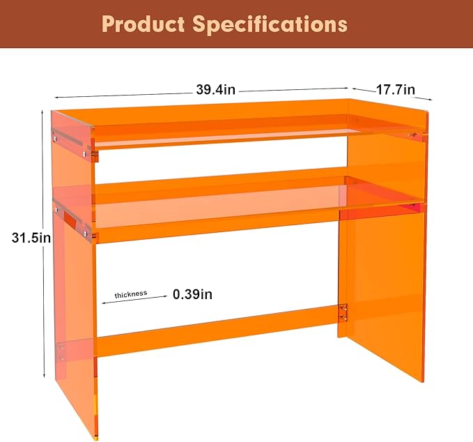 Acrylic Desk with Retaining Edge, Orange Acrylic Table, Console Table for Office, Study, Bedroom, Entrance Decor (17.7" D x 39.4" W x 31.5" H, Orange)-CasaMuseHome