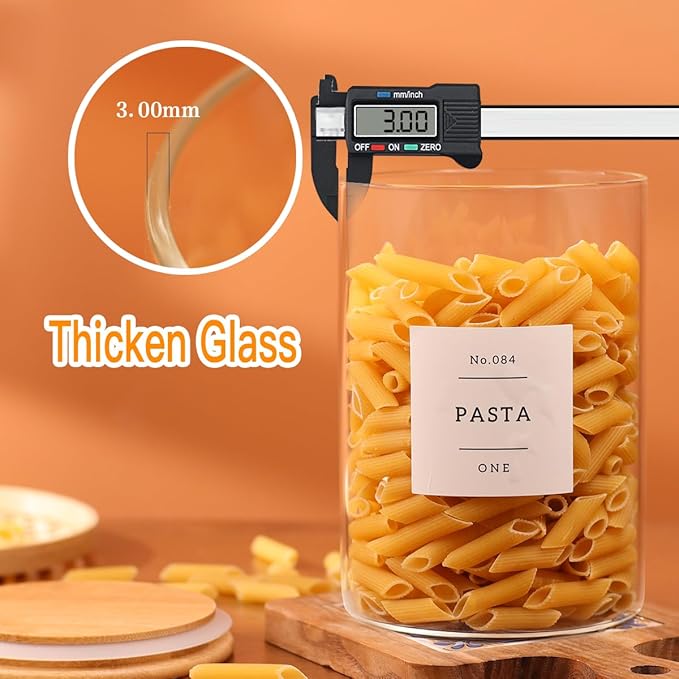 6-Pack Borosilicate Glass Storage Jars with Bamboo Lids + 132 Pre-Printed Pantry Labels Included, BPA-Free Thicken Airtight Containers for Flour, Sugar, Rice, Microwave & Freezer Safe(100OZ/54OZ/27OZ)-CasaMuseHome