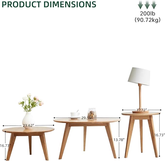 100% Solid Oak Wood Coffee Table Set, Round Coffee Table Combo Side Table w/Solid Wood Legs, Mid Century Table Sturdy Tables for Bedroom Balcony Living Room (Natural, 3 Pieces)-CasaMuseHome