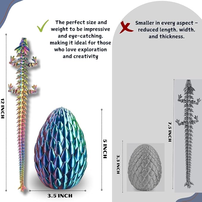3D Printed 12” Articulated Crystal Dragon Inside 5.1” Egg – Fantasy Collectible, Fidget Toy & Stocking Easter Basket Stuffers for Home & Office Decor (Multicolor).-CasaMuseHome