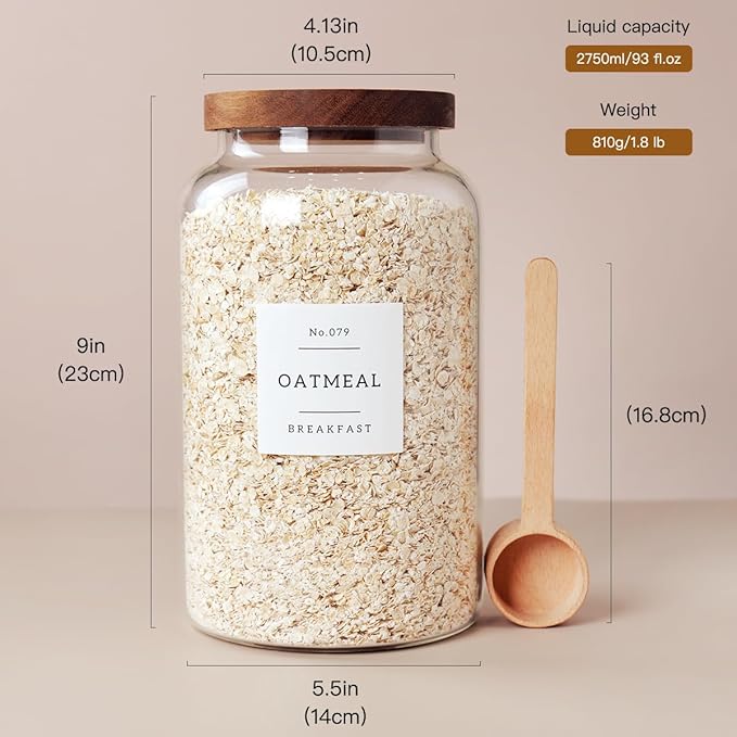 2 PCS Large Glass Jar with Airtight Lid, Glass Food Storage Jars for Tea,Spice,Cereal, Egg,Flour,Coffee and More(98 FL OZ/2800 ml)-CasaMuseHome