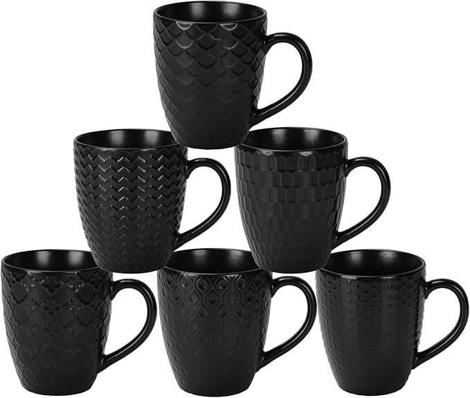 16 OZ Bone Coffee Mugs Set of 6 Matte Black, Large Ceramic Coffee Mugs Set with Different Texture Patterns, Porcelain Cups with Handle for Espresso Latte Tea Milk-CasaMuseHome