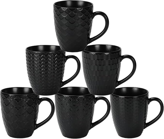 16 OZ Bone Coffee Mugs Set of 6 Matte Black, Large Ceramic Coffee Mugs Set with Different Texture Patterns, Porcelain Cups with Handle for Espresso Latte Tea Milk-CasaMuseHome