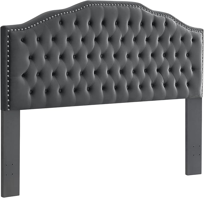 24KF Upholstered Button Tufted King Size Headboard with Nailhead Trim, Soft Velvet Fabric Headboard King/Cal King Size -Dark Gray-CasaMuseHome