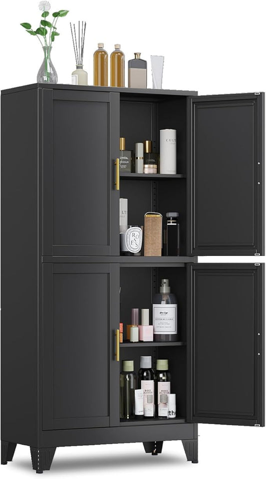 47.25" Metal Storage Cabinet, Black Kitchen Food Storage with 4 Door and 2 Adjustable Shelves, Freestanding Bathroom Cabinet, Pantry for Kitchen Dinning Room, Cupboard-CasaMuseHome