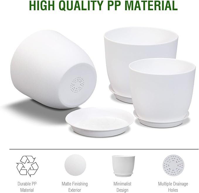 9/8/7.5 inch Flower Pots, Set of 3 Modern Decorative Plastic Planters with Drainage Holes and Saucers, Plant Pots for Indoor Outdoor Plants, White-CasaMuseHome