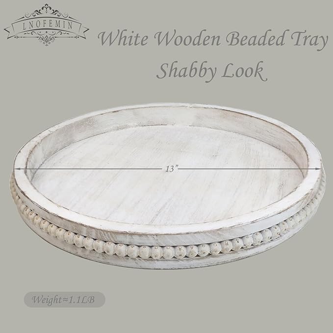 Round Wood Serving Tray with Beads, White Washed Wooden Decorative Tray for Entertaining, Decoration, and Gifting-CasaMuseHome