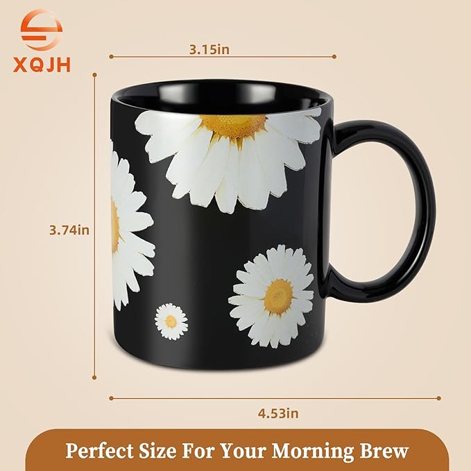 12Oz Daisy floral Black Ceramic Mug, Mug for Daily Coffee and Tea, Lead-free Microwave and Dishwasher Safe Coffee Mug, Perfect gifts for Women and men-CasaMuseHome