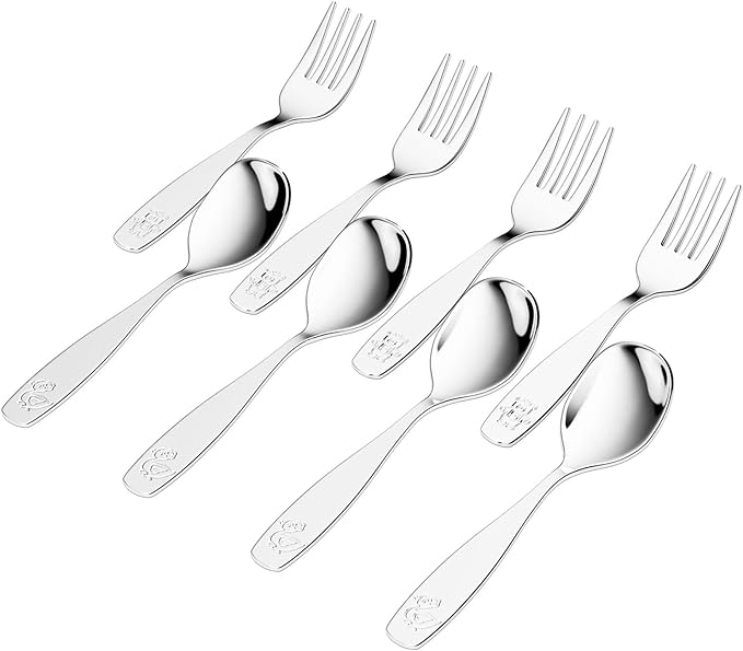 8 Pieces Toddler Utensils, Kids Stainless Steel Silverware Set - 4pcs Forks and 4pcs Spoon, Cute Children Flatware Sets with Mirror Polished, Self Feeding Safe, Dishwasher Safe-CasaMuseHome