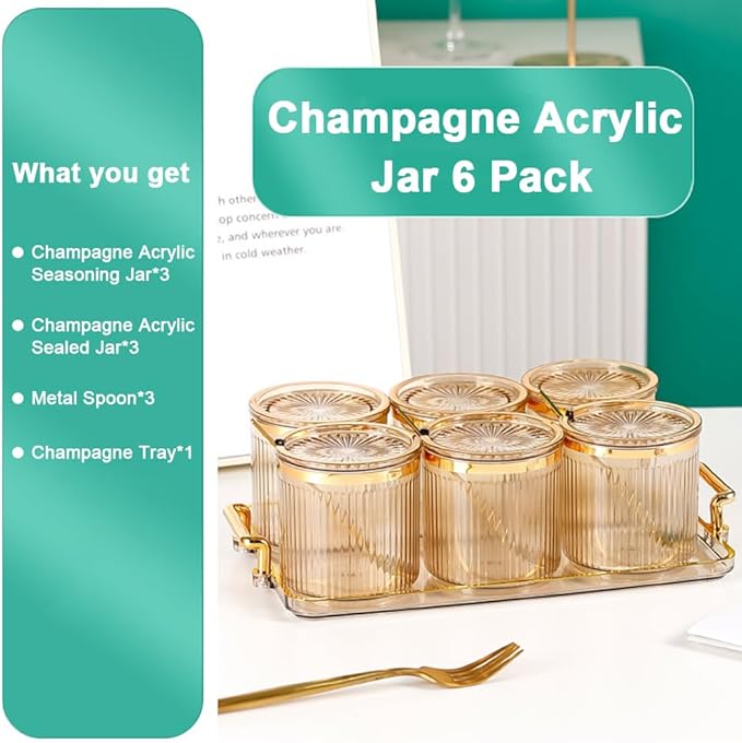 Acrylic Condiment Spice Jars,Condiment Spice Box With Lids and Spoons and Tray,Clear Plastic Condiment Canisters,Seasoning Box 6 Pack,Seasoning Box Set for Kitchen to Storage Salt,Paprika,Sugar-CasaMuseHome