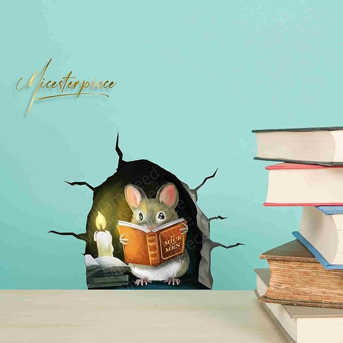 3D Mouse Reading Book in Mouse Hole, Decal Sticker, Removable Wall Decor, Book Lover Gift Idea, Baseboard, Wall Sticker Decal, Kids Room, Classroom, Library-CasaMuseHome