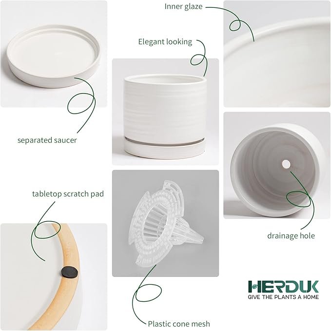 6 + 8 Inch Plant Pots, Ceramic Planter Pot with Drainage Hole & Saucer, Indoor/Outdoor Cylinder Round Planter Pot, Matte White-CasaMuseHome